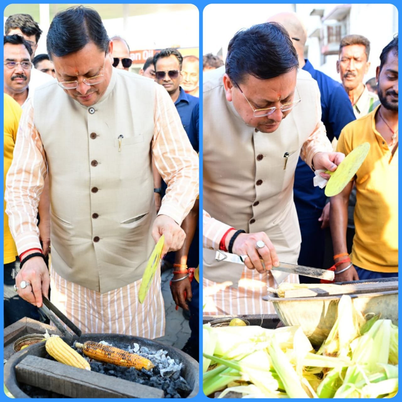ठेले पर रुककर मुख्यमंत्री ने खुद भूना भुट्टा, वृद्ध महिला को भी भूनकर दिया